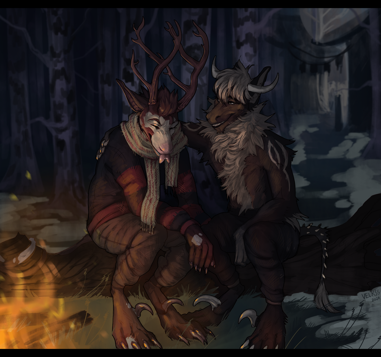A pair of Arcanus warming themselves at a forest campfire