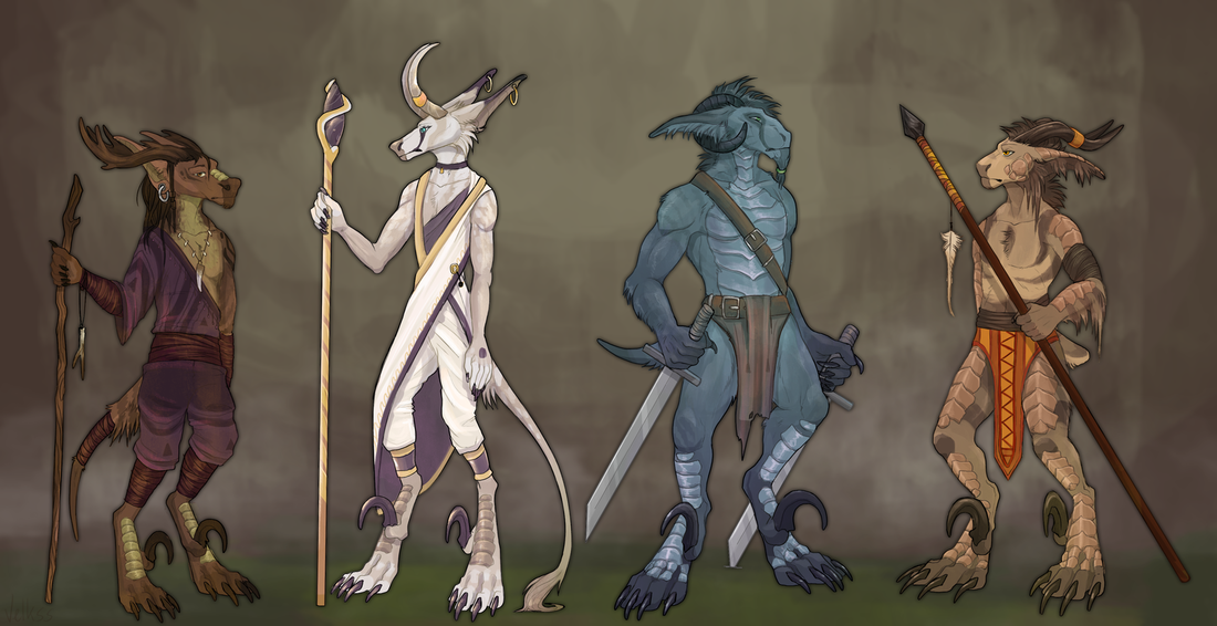 The four Arcanus races standing side by side — Eastern, Western, Northern, and Southern