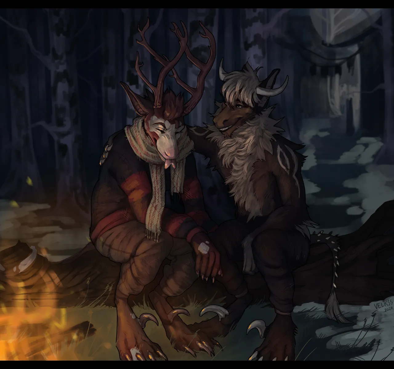 A pair of Arcanus warming themselves at a forest campfire under a vast sky